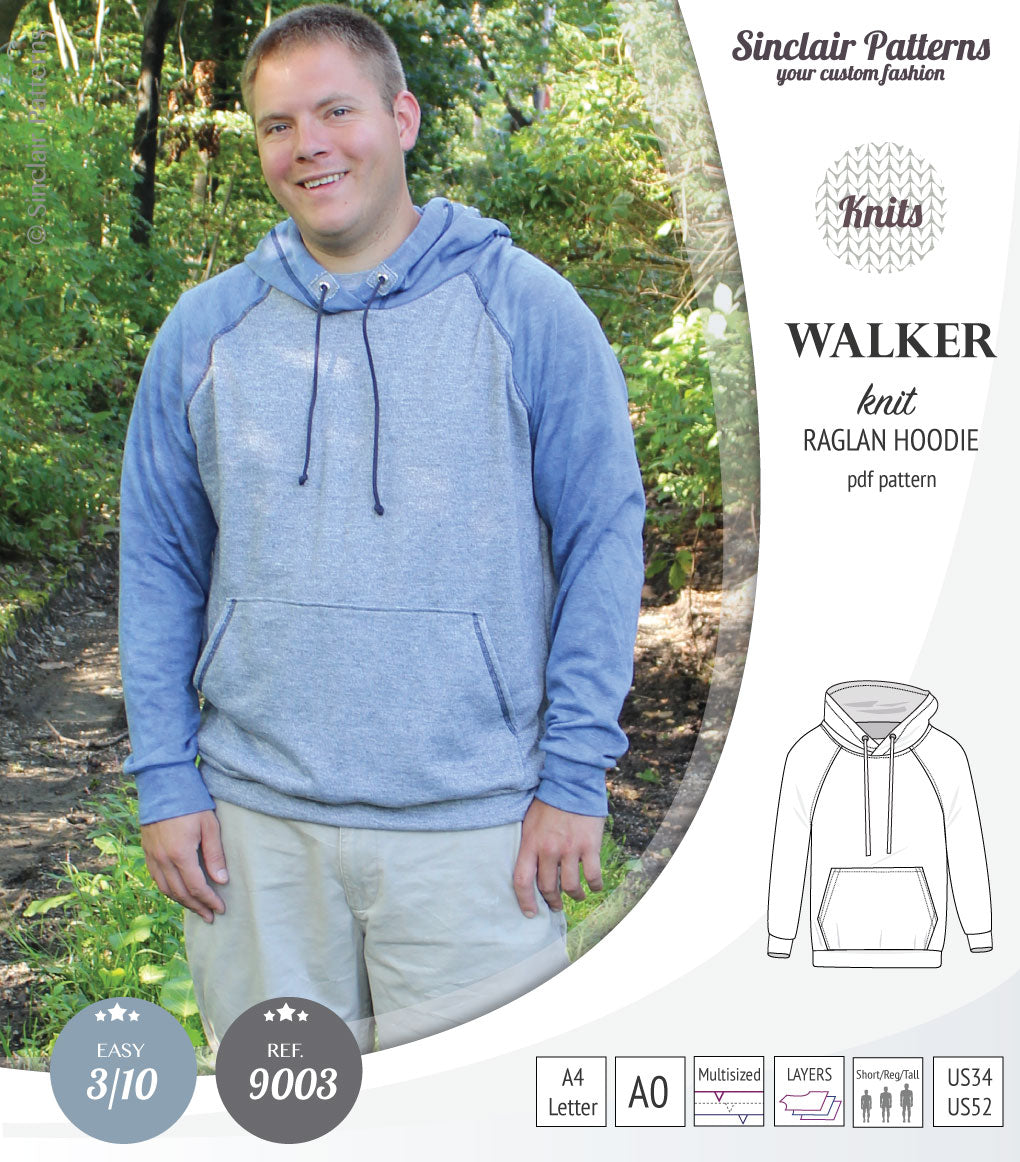 Sewing pattern pdf S9003 Walker knit raglan hoodie for men by Sinclair Patterns
