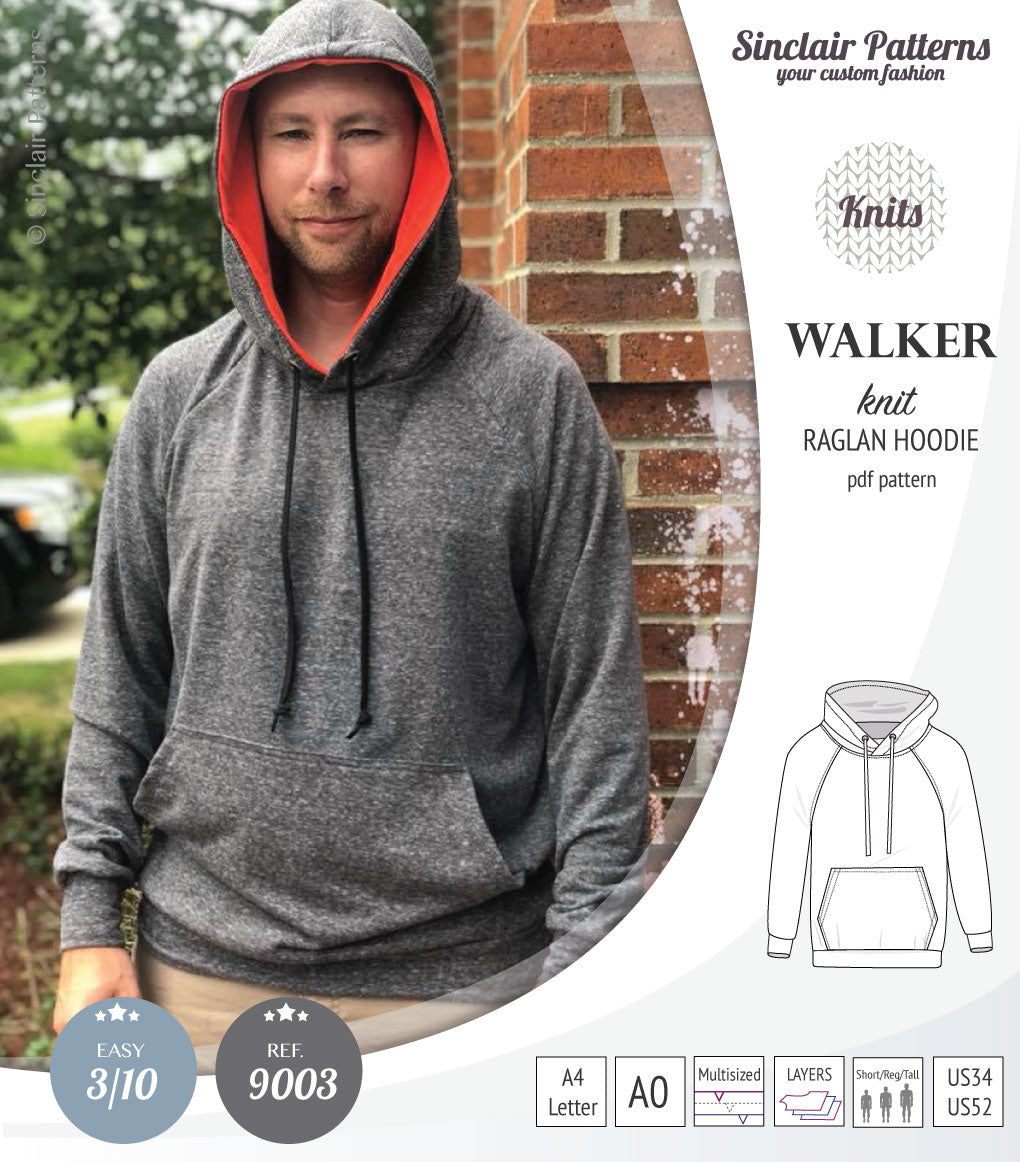Sewing pattern pdf S9003 Walker knit raglan hoodie for men by Sinclair Patterns