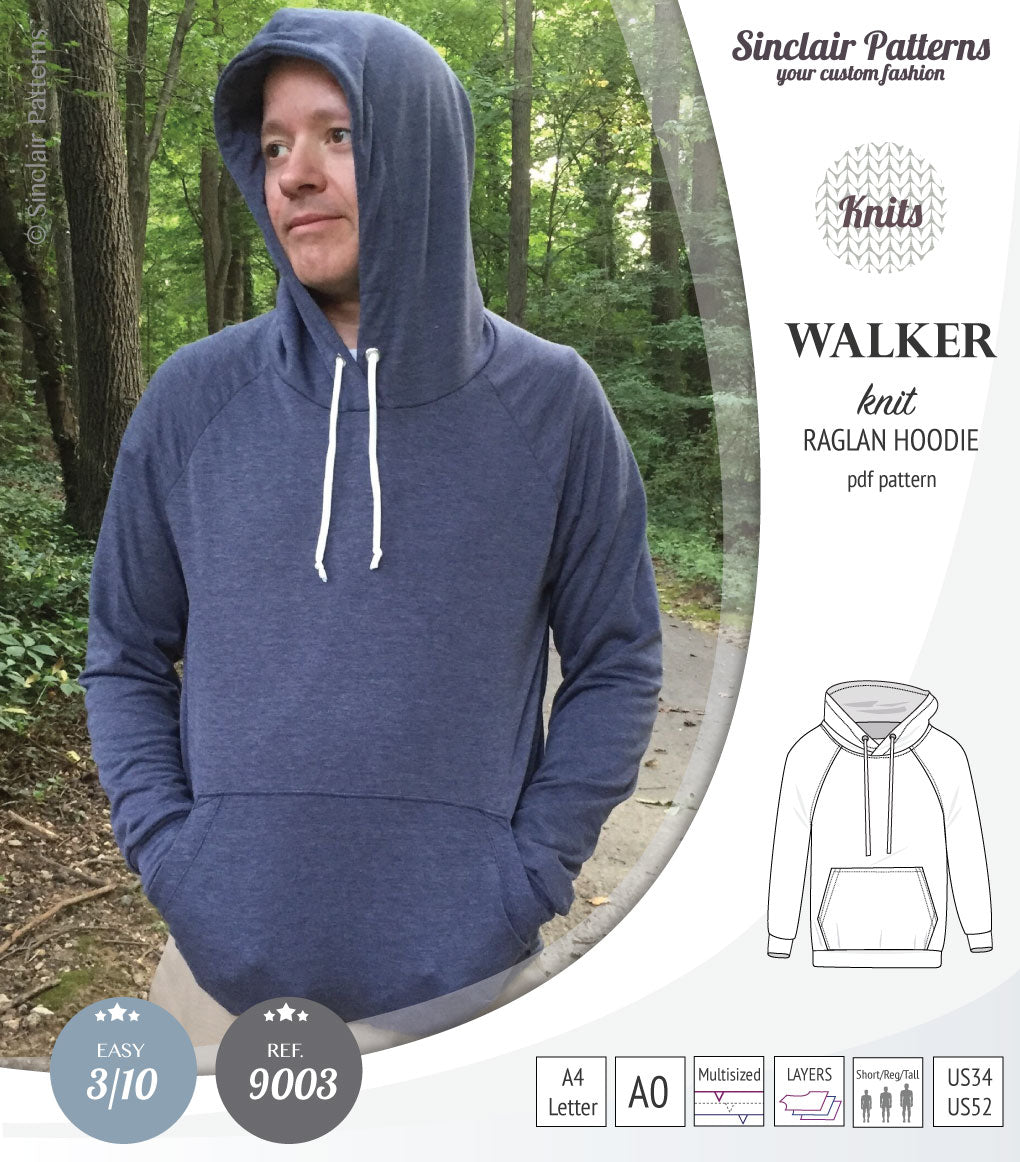 Sewing pattern pdf S9003 Walker knit raglan hoodie for men by Sinclair Patterns