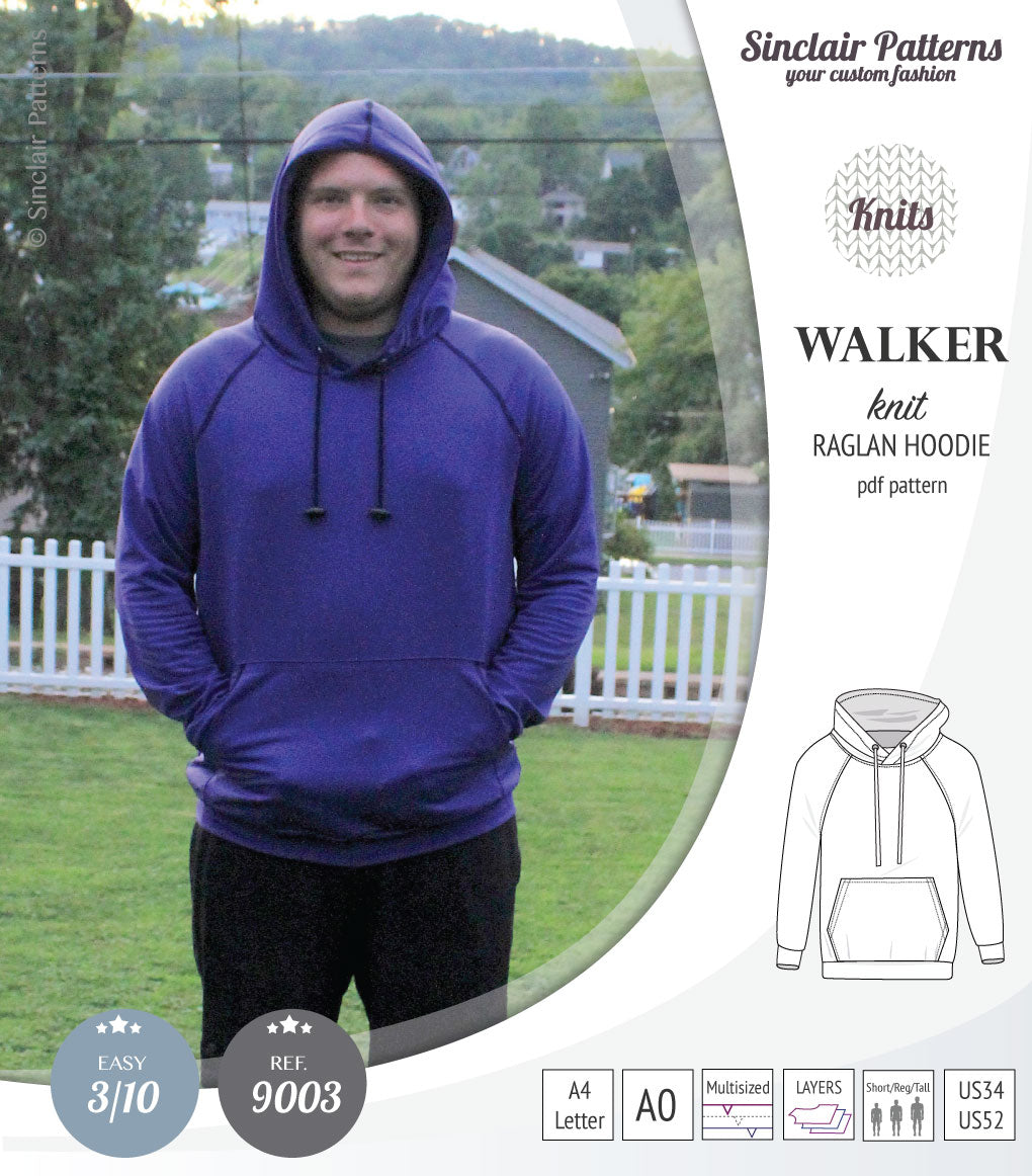 Sewing pattern pdf S9003 Walker knit raglan hoodie for men by Sinclair Patterns