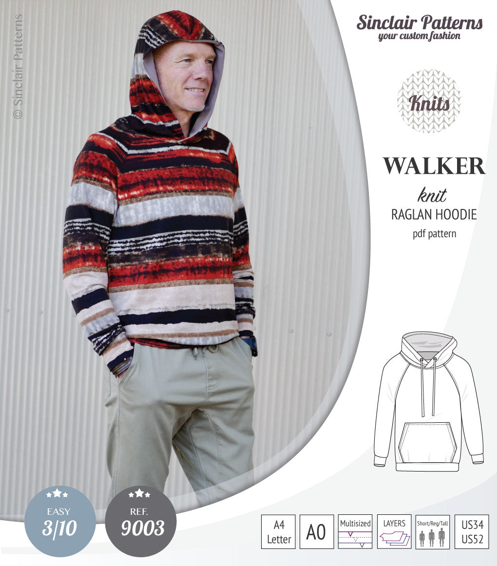 Sewing pattern pdf S9003 Walker knit raglan hoodie for men by Sinclair Patterns