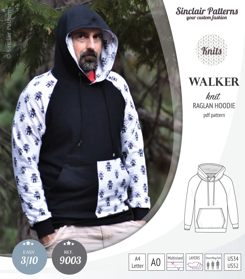 Sewing pattern pdf S9003 Walker knit raglan hoodie for men by Sinclair Patterns