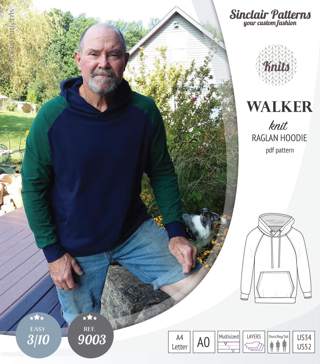 Sewing pattern pdf S9003 Walker knit raglan hoodie for men by Sinclair Patterns