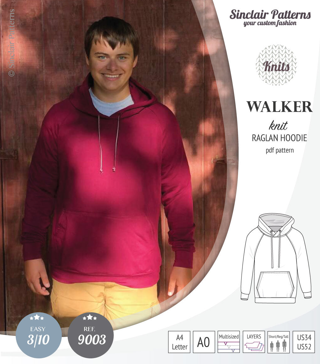Sewing pattern pdf S9003 Walker knit raglan hoodie for men by Sinclair Patterns