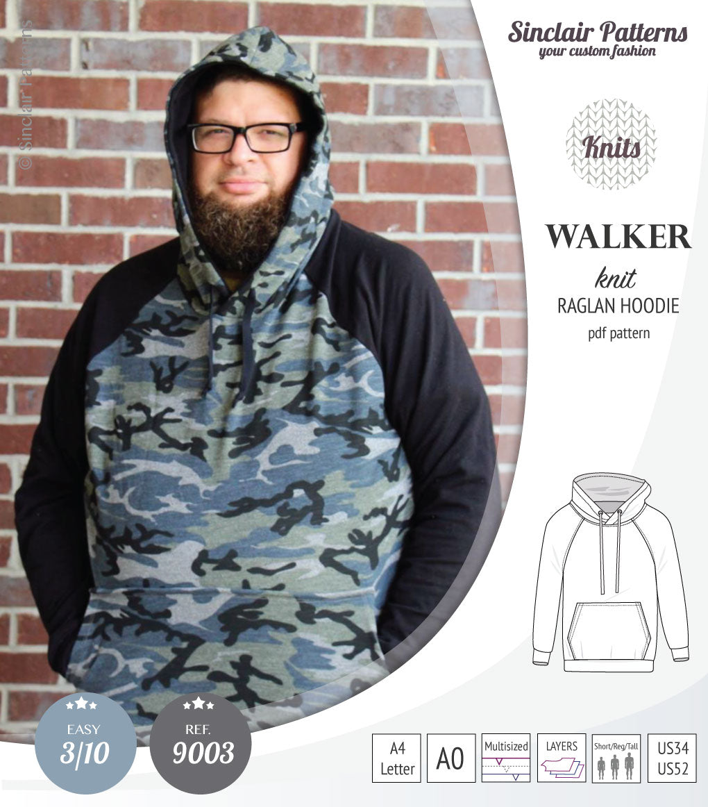 Sewing pattern pdf S9003 Walker knit raglan hoodie for men by Sinclair Patterns
