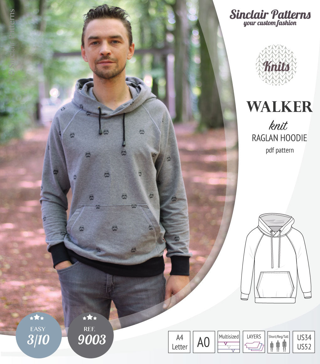 Sewing pattern pdf S9003 Walker knit raglan hoodie for men by Sinclair Patterns