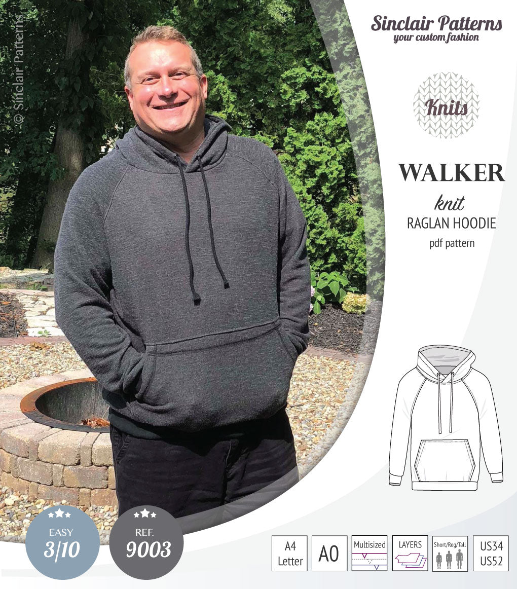Sewing pattern pdf S9003 Walker knit raglan hoodie for men by Sinclair Patterns