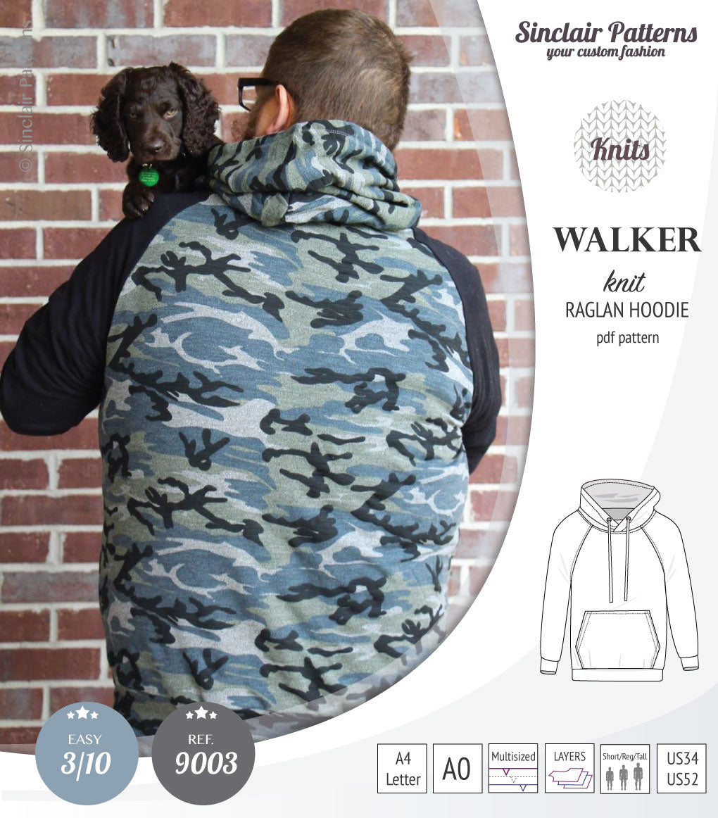 Sewing pattern pdf S9003 Walker knit raglan hoodie for men by Sinclair Patterns