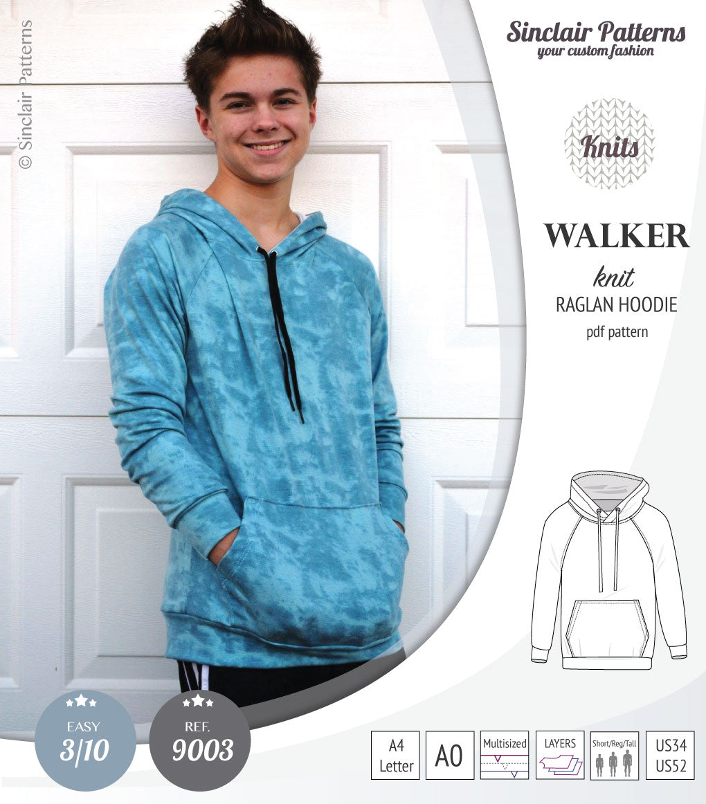 Sewing pattern pdf S9003 Walker knit raglan hoodie for men by Sinclair Patterns