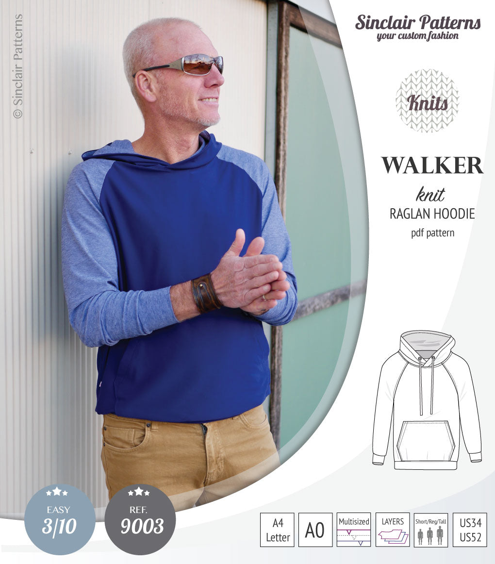 Sewing pattern pdf S9003 Walker knit raglan hoodie for men by Sinclair Patterns