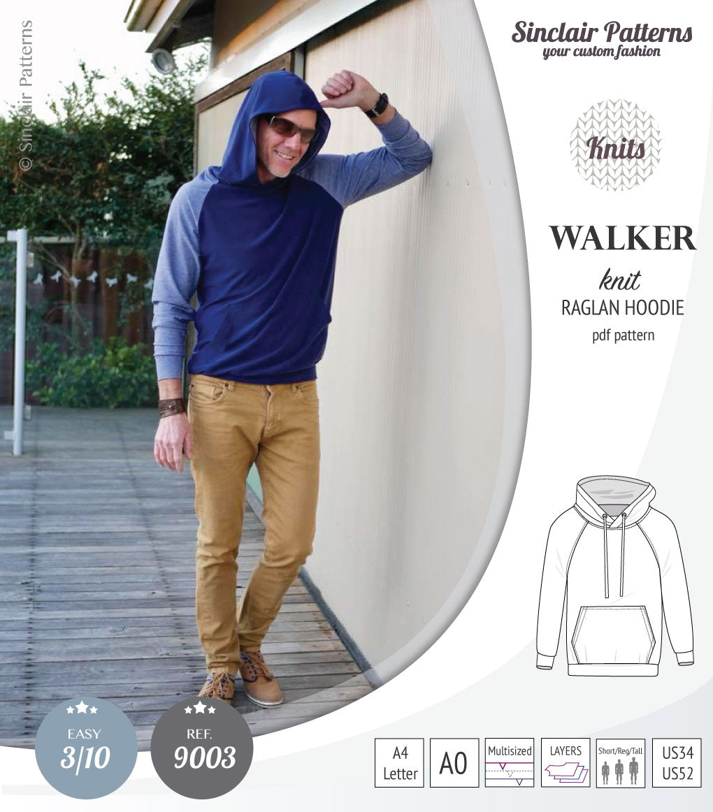 Sewing pattern pdf S9003 Walker knit raglan hoodie for men by Sinclair Patterns