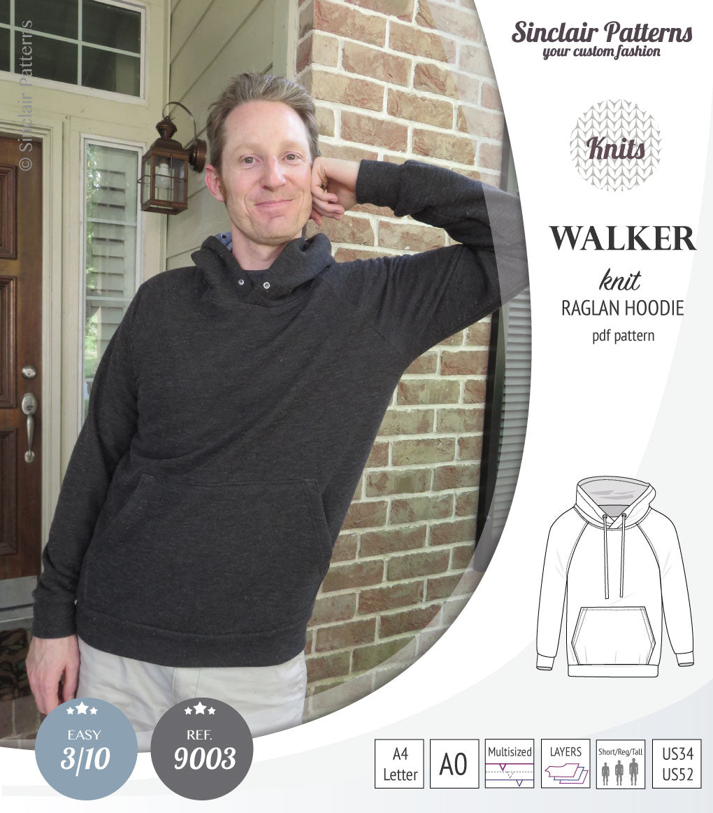 Sewing pattern pdf S9003 Walker knit raglan hoodie for men by Sinclair Patterns