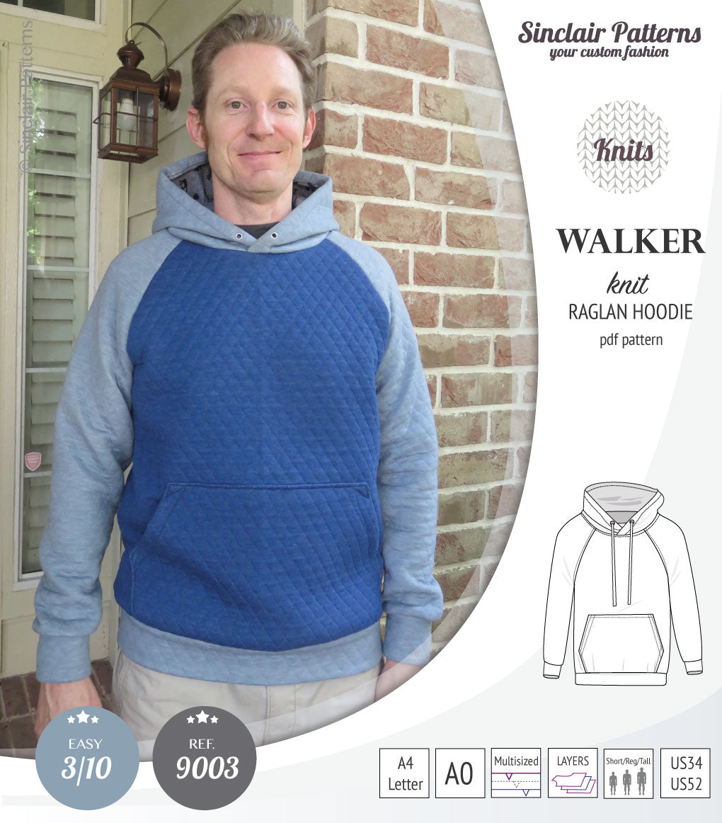 Sewing pattern pdf S9003 Walker knit raglan hoodie for men by Sinclair Patterns