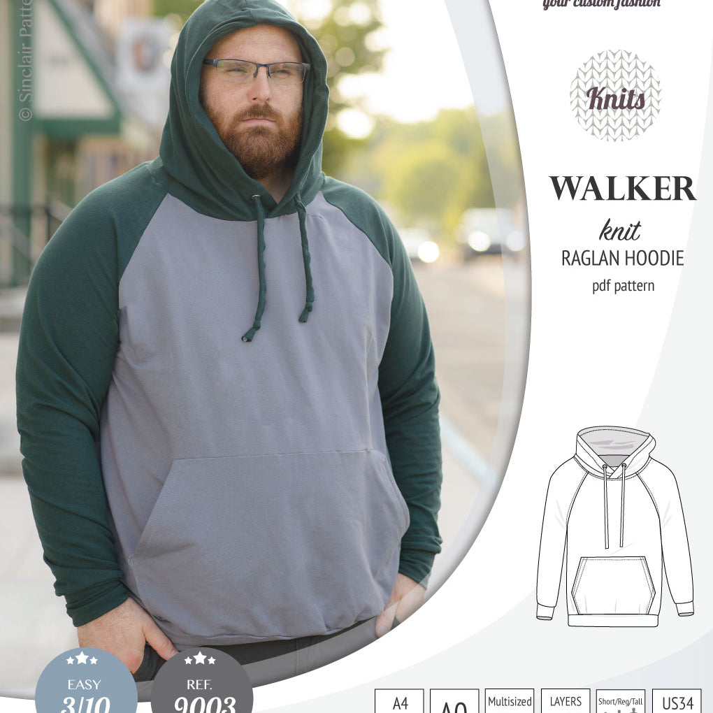 Sewing pattern pdf S9003 Walker knit raglan hoodie for men by Sinclair Patterns
