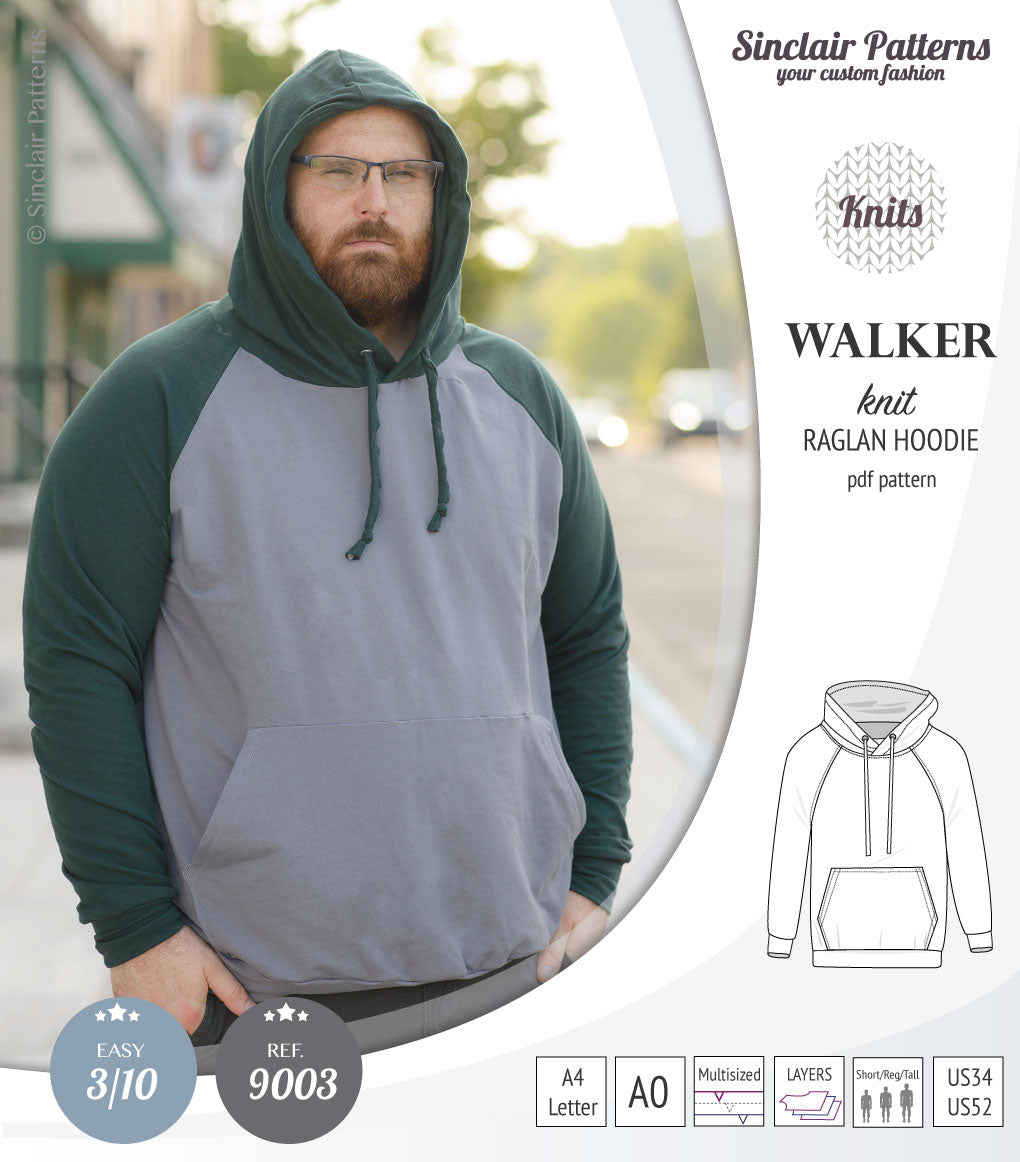 Sewing pattern pdf S9003 Walker knit raglan hoodie for men by Sinclair Patterns