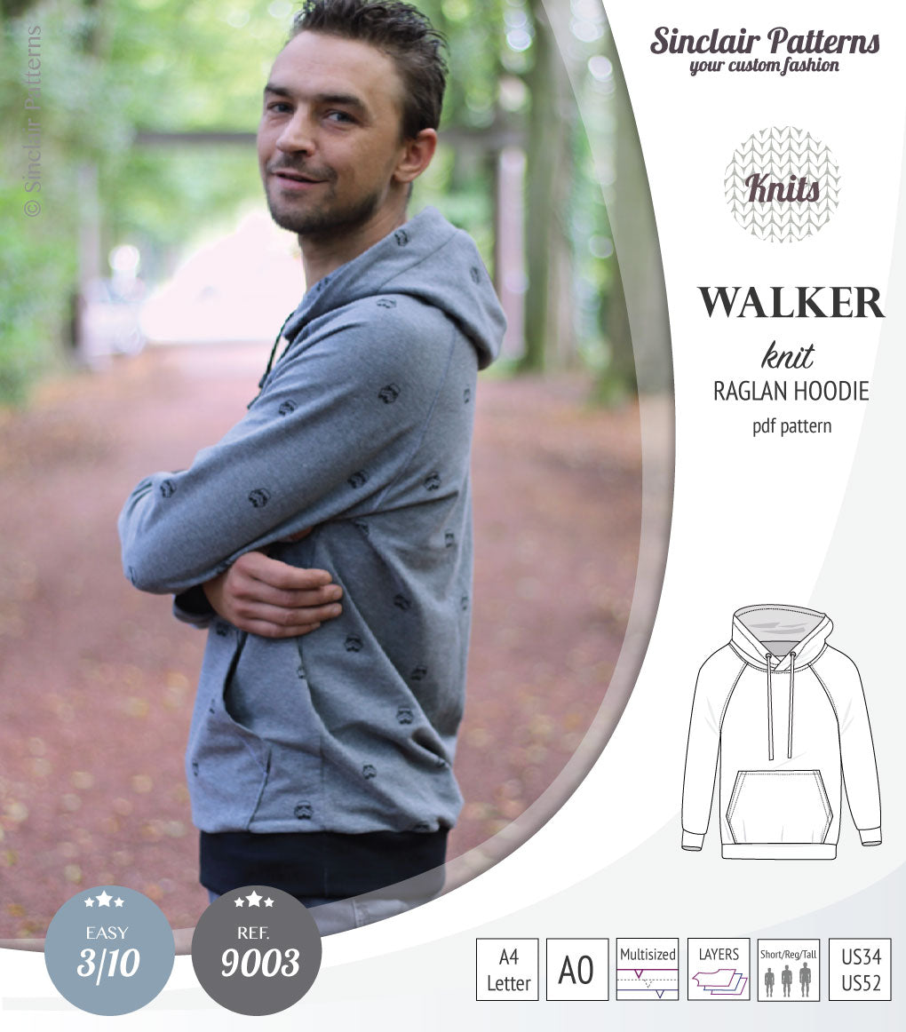 Sewing pattern pdf S9003 Walker knit raglan hoodie for men by Sinclair Patterns