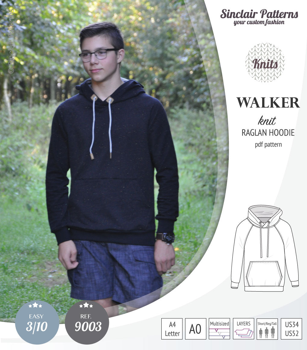 Sewing pattern pdf S9003 Walker knit raglan hoodie for men by Sinclair Patterns