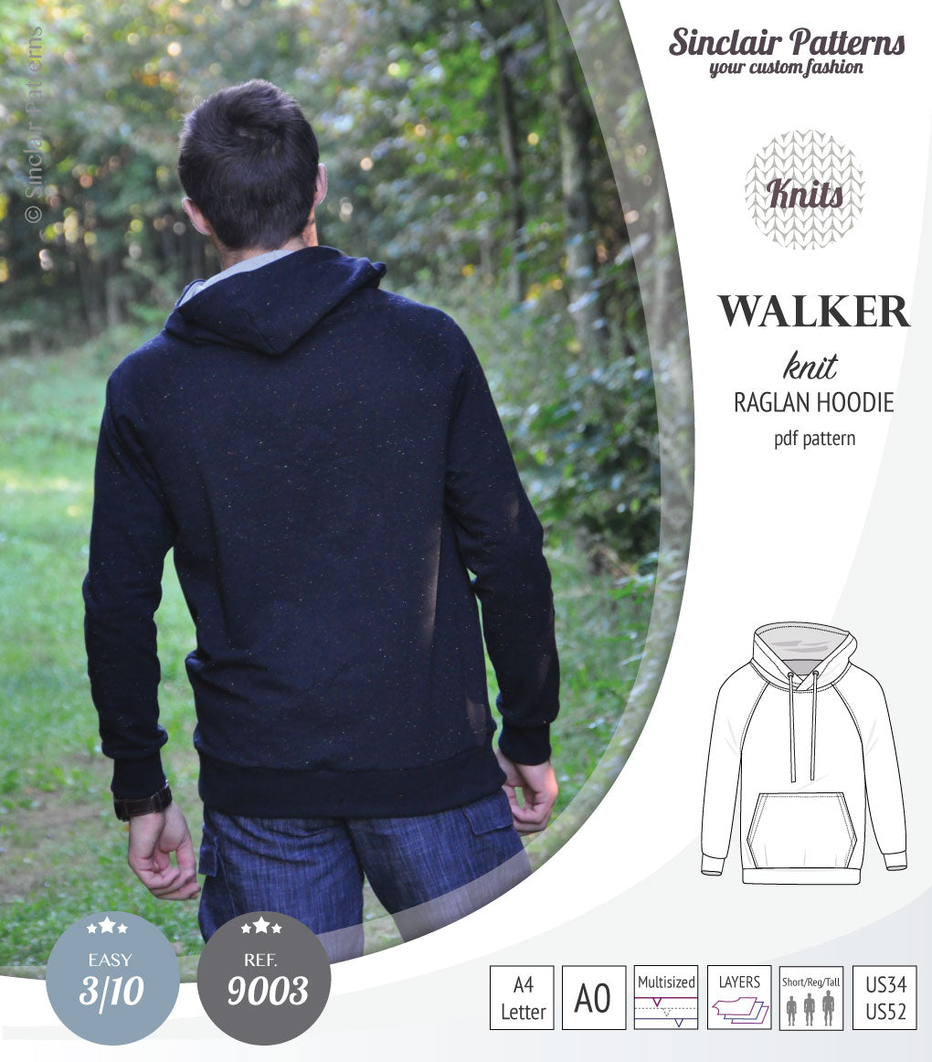 Sewing pattern pdf S9003 Walker knit raglan hoodie for men by Sinclair Patterns