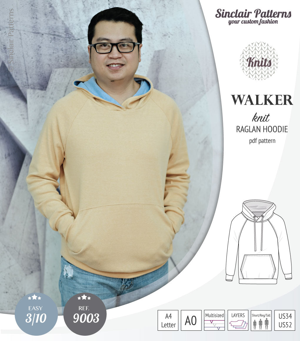 Sewing pattern pdf S9003 Walker knit raglan hoodie for men by Sinclair Patterns