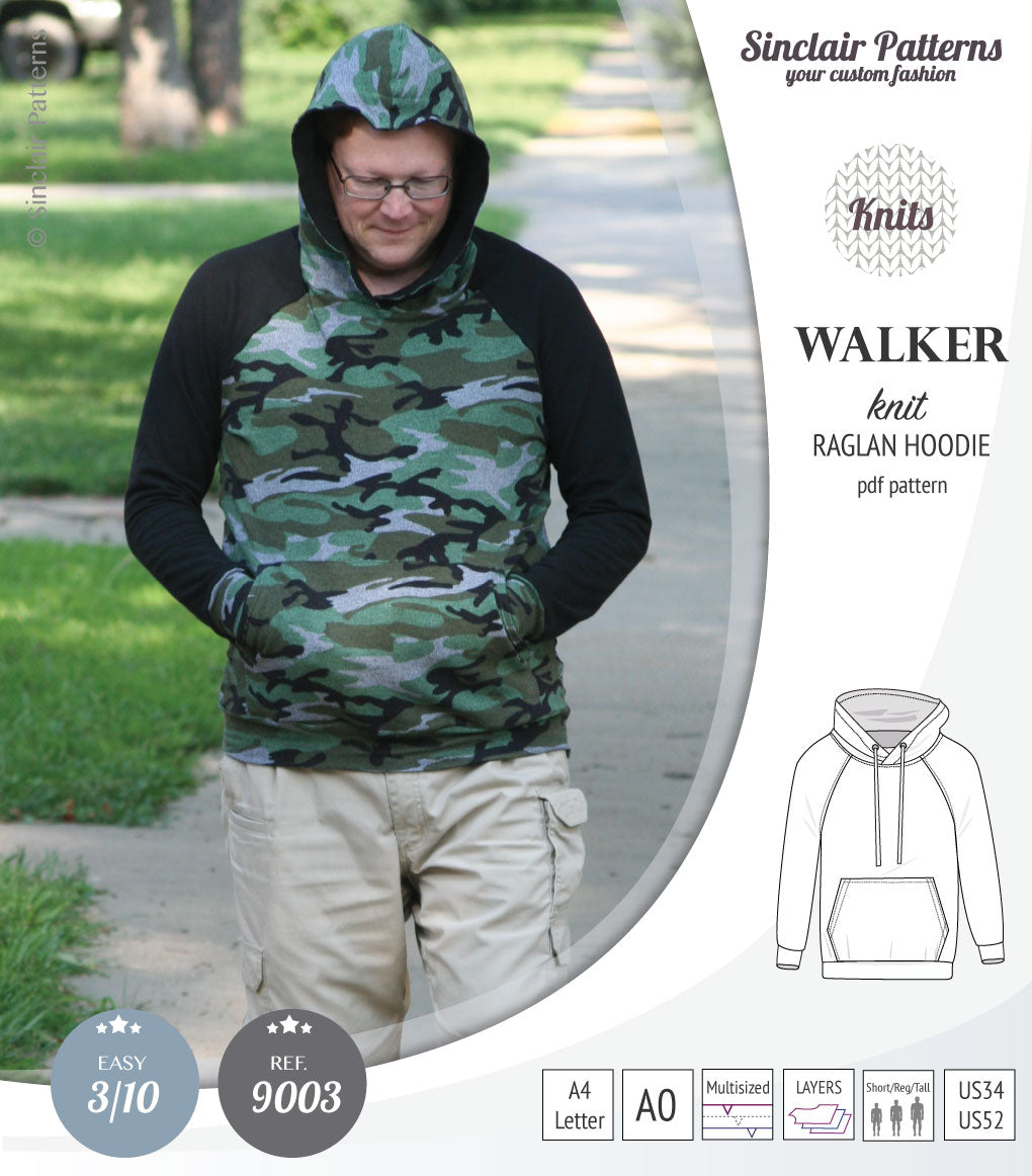 Sewing pattern pdf S9003 Walker knit raglan hoodie for men by Sinclair Patterns