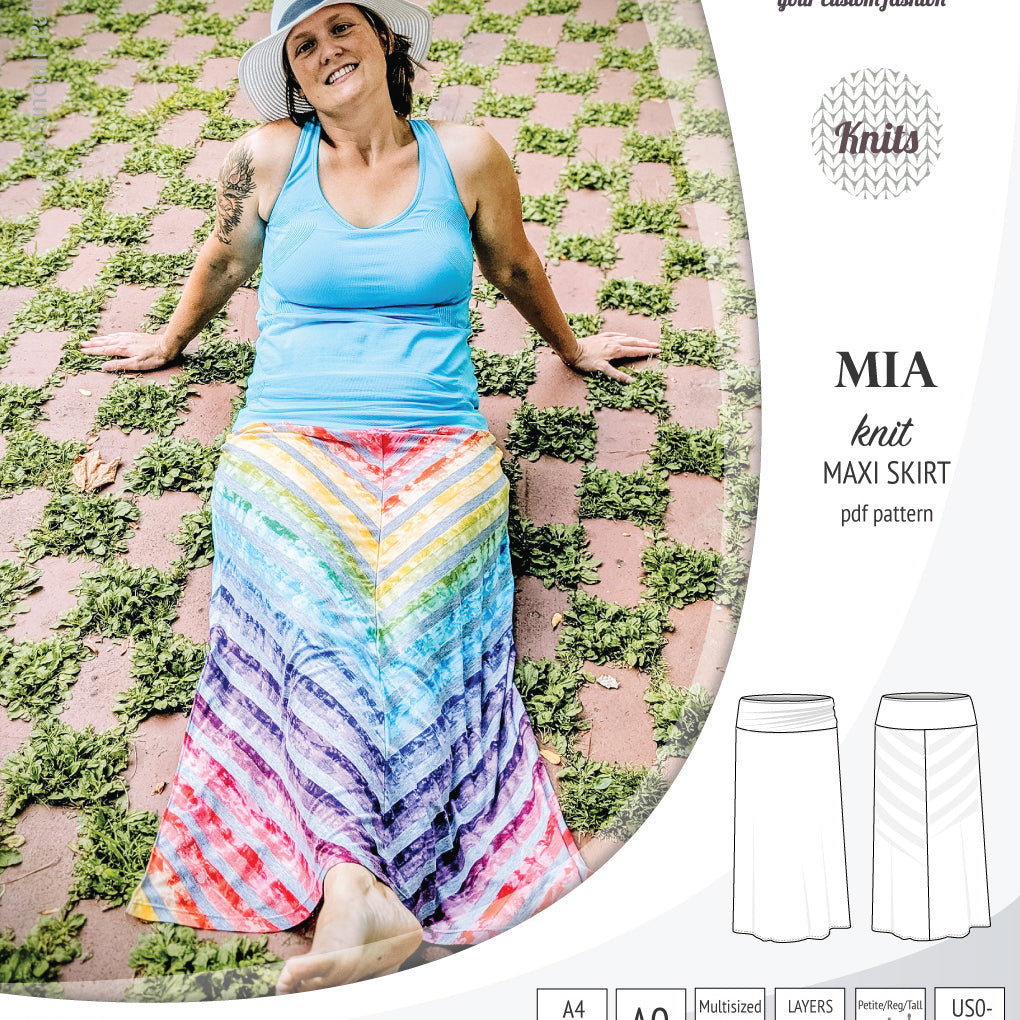Pdf sewing pattern Mia knit jersey maxi or midi skirt with yoga waistband and side slits