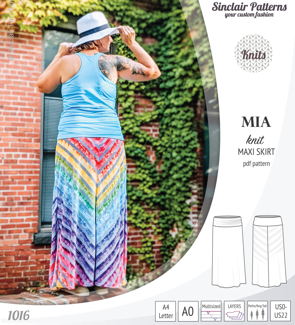 Pdf sewing pattern Mia knit jersey maxi or midi skirt with yoga waistband and side slits