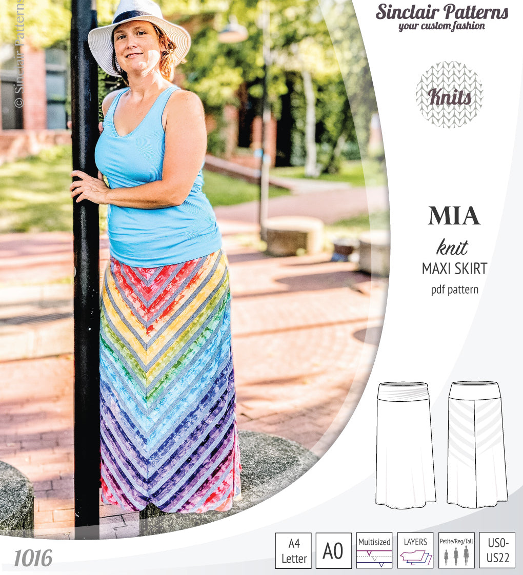 Pdf sewing pattern Mia knit jersey maxi or midi skirt with yoga waistband and side slits