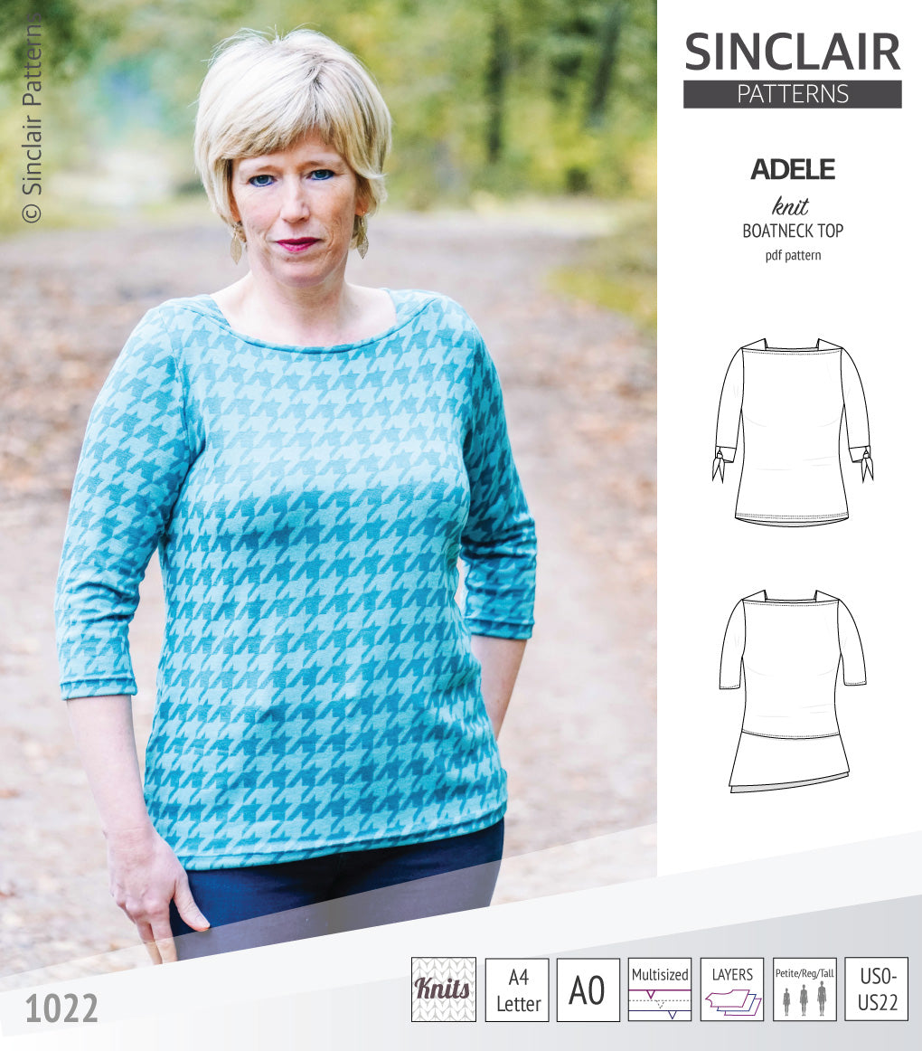 Pdf sewing pattern S1022 Adele knit boatneck top with shoulder inserts and tied sleeves by Sinclair Patterns