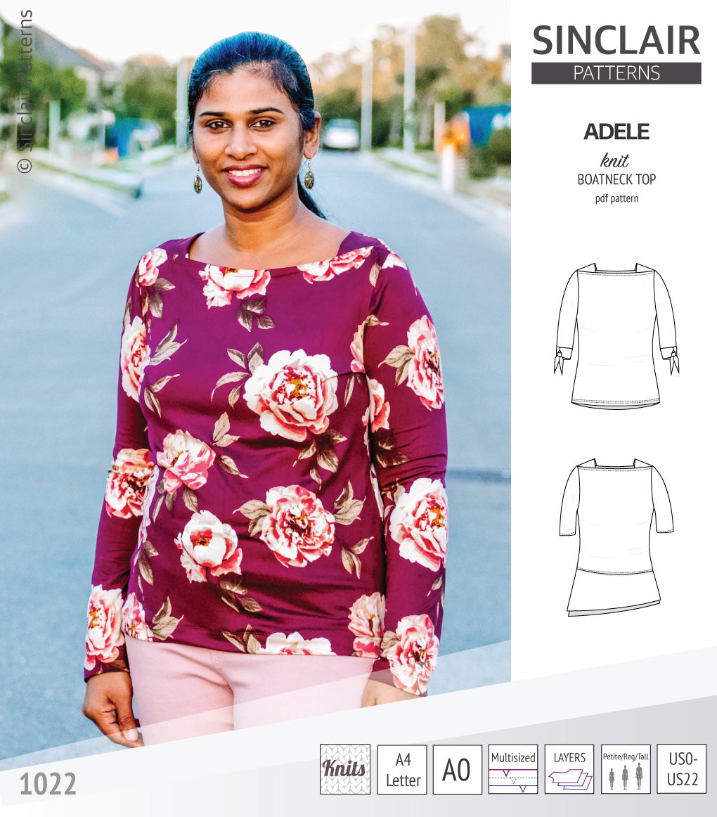 Pdf sewing pattern S1022 Adele knit boatneck top with shoulder inserts and tied sleeves by Sinclair Patterns