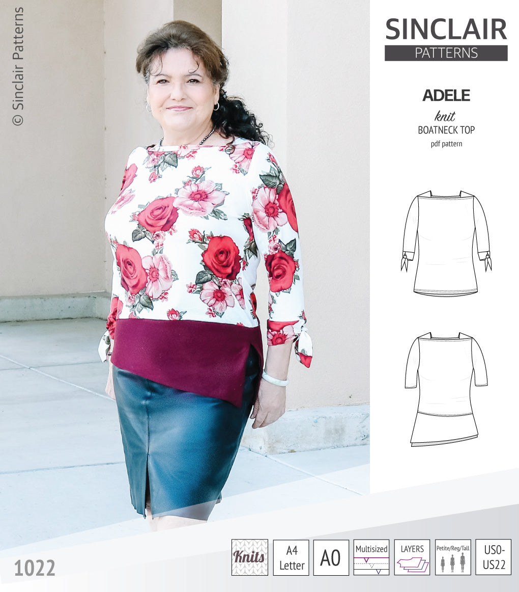 Pdf sewing pattern S1022 Adele knit boatneck top with shoulder inserts and tied sleeves by Sinclair Patterns