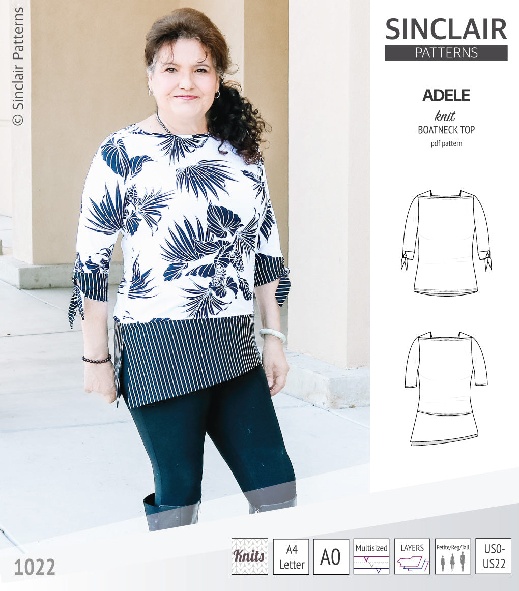 Pdf sewing pattern S1022 Adele knit boatneck top with shoulder inserts and tied sleeves by Sinclair Patterns