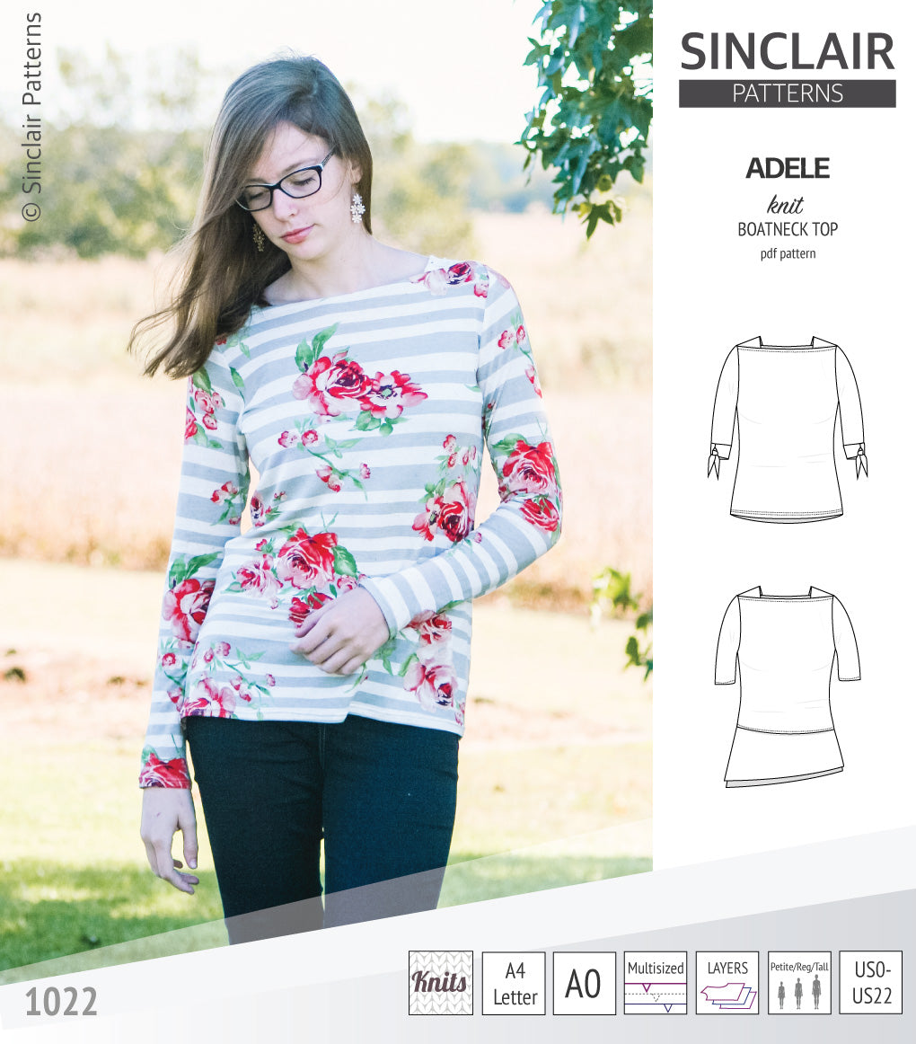 Pdf sewing pattern S1022 Adele knit boatneck top with shoulder inserts and tied sleeves by Sinclair Patterns