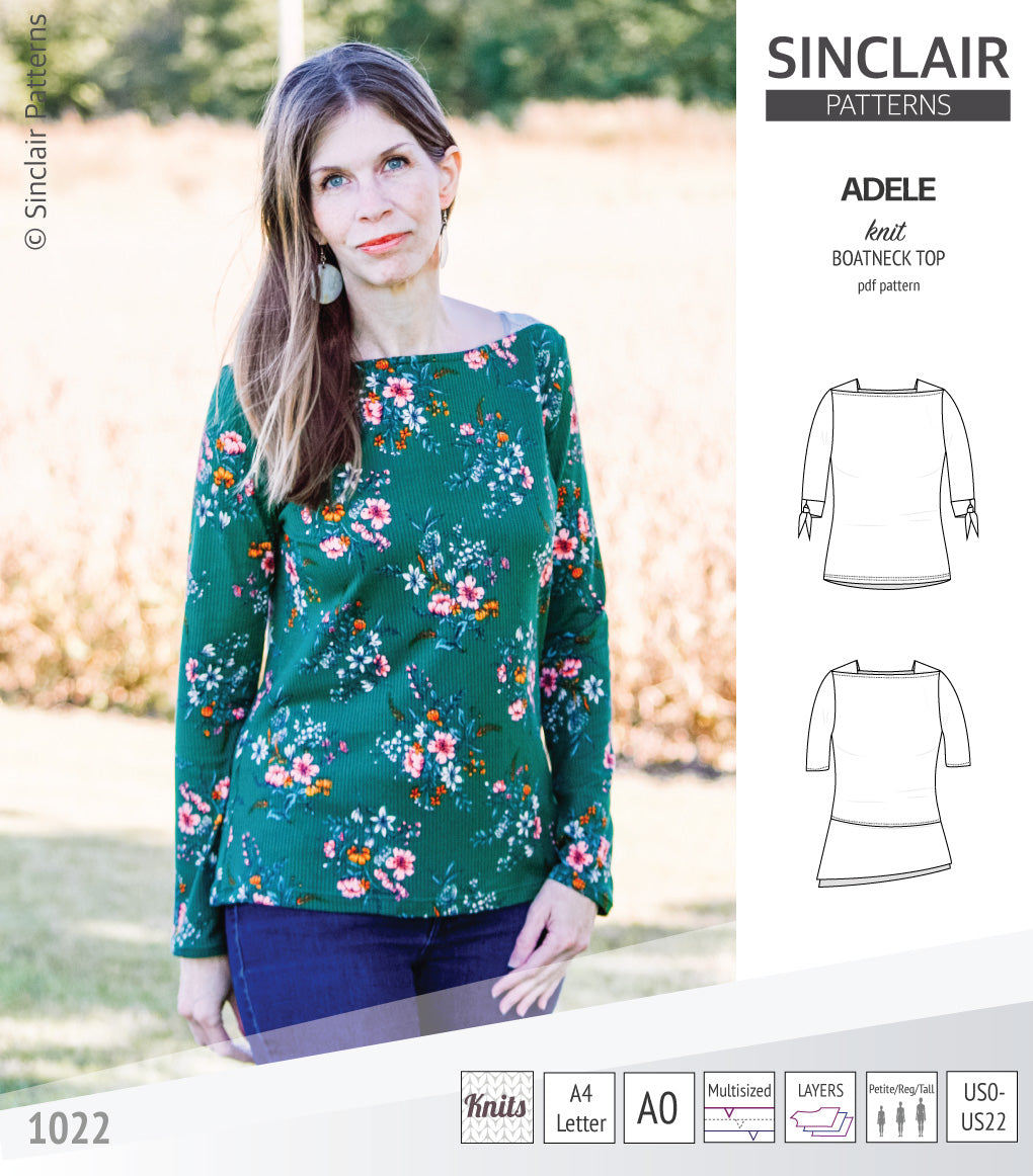 Pdf sewing pattern S1022 Adele knit boatneck top with shoulder inserts and tied sleeves by Sinclair Patterns