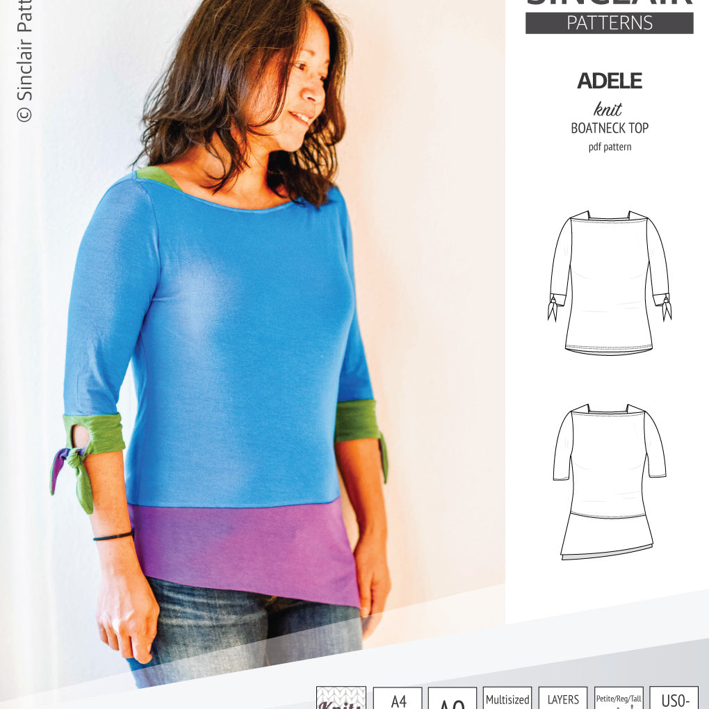 Pdf sewing pattern S1022 Adele knit boatneck top with shoulder inserts and tied sleeves by Sinclair Patterns