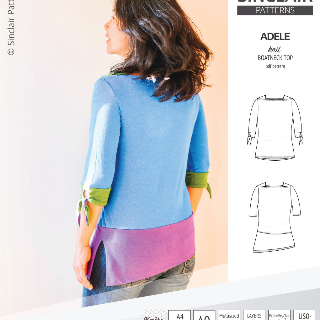 Pdf sewing pattern S1022 Adele knit boatneck top with shoulder inserts and tied sleeves by Sinclair Patterns