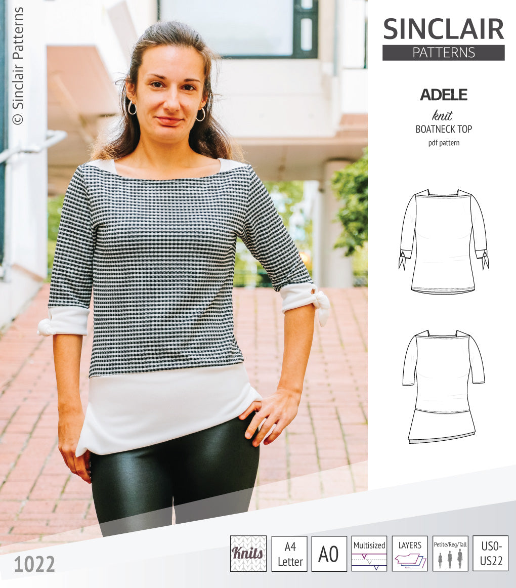 Pdf sewing pattern S1022 Adele knit boatneck top with shoulder inserts and tied sleeves by Sinclair Patterns