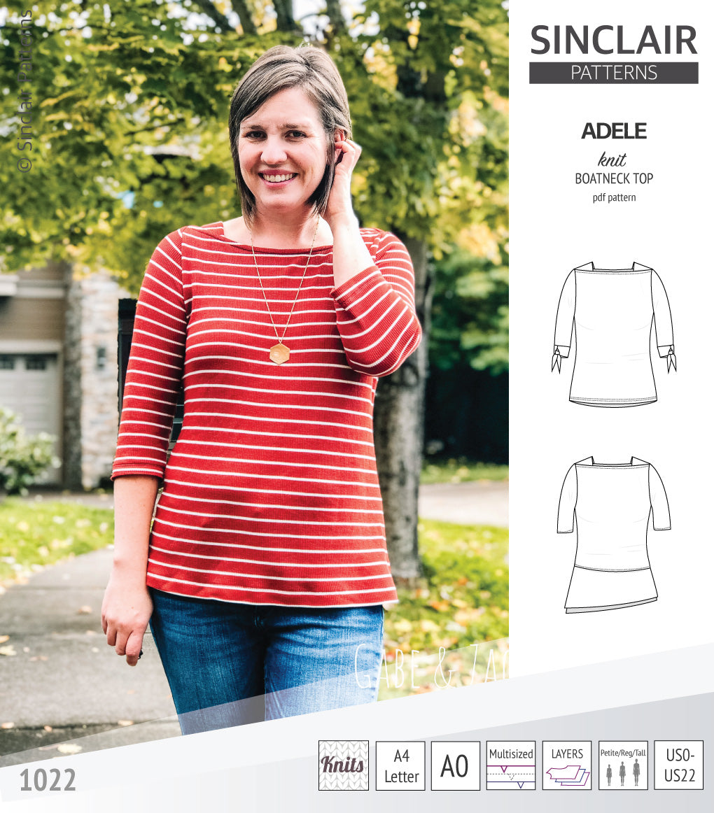 Pdf sewing pattern S1022 Adele knit boatneck top with shoulder inserts and tied sleeves by Sinclair Patterns