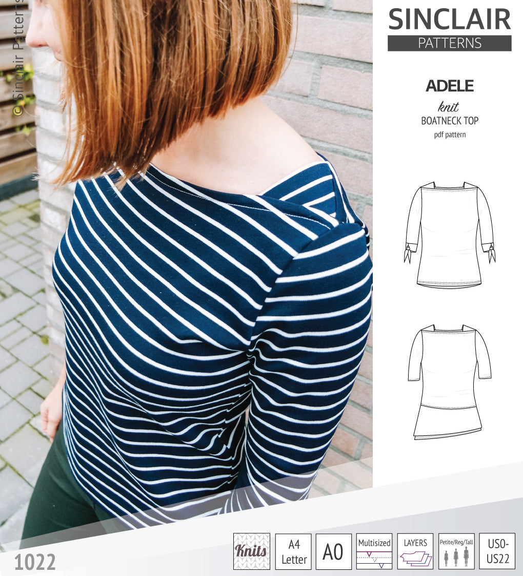 Pdf sewing pattern S1022 Adele knit boatneck top with shoulder inserts and tied sleeves by Sinclair Patterns