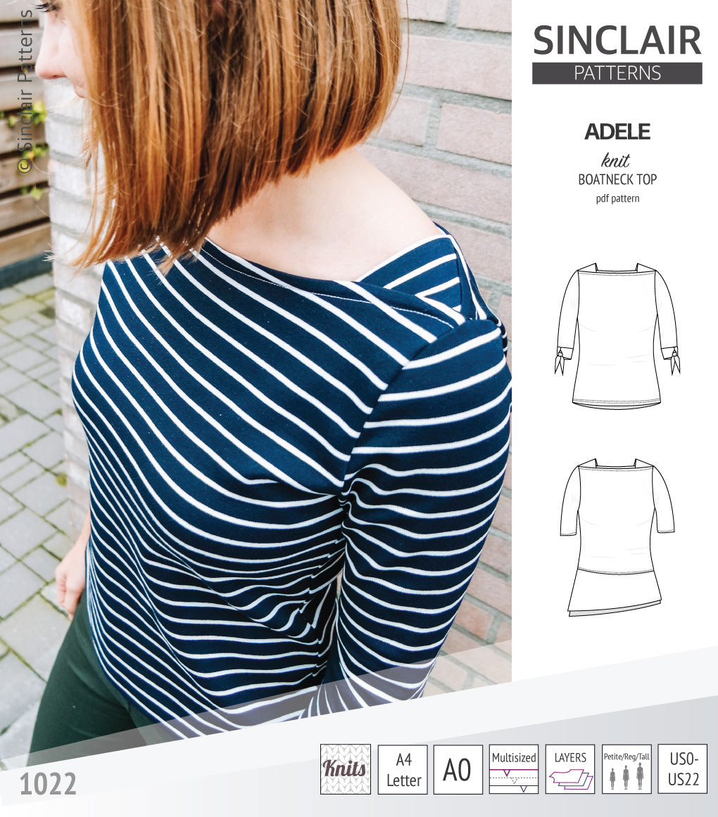 Pdf sewing pattern S1022 Adele knit boatneck top with shoulder inserts and tied sleeves by Sinclair Patterns