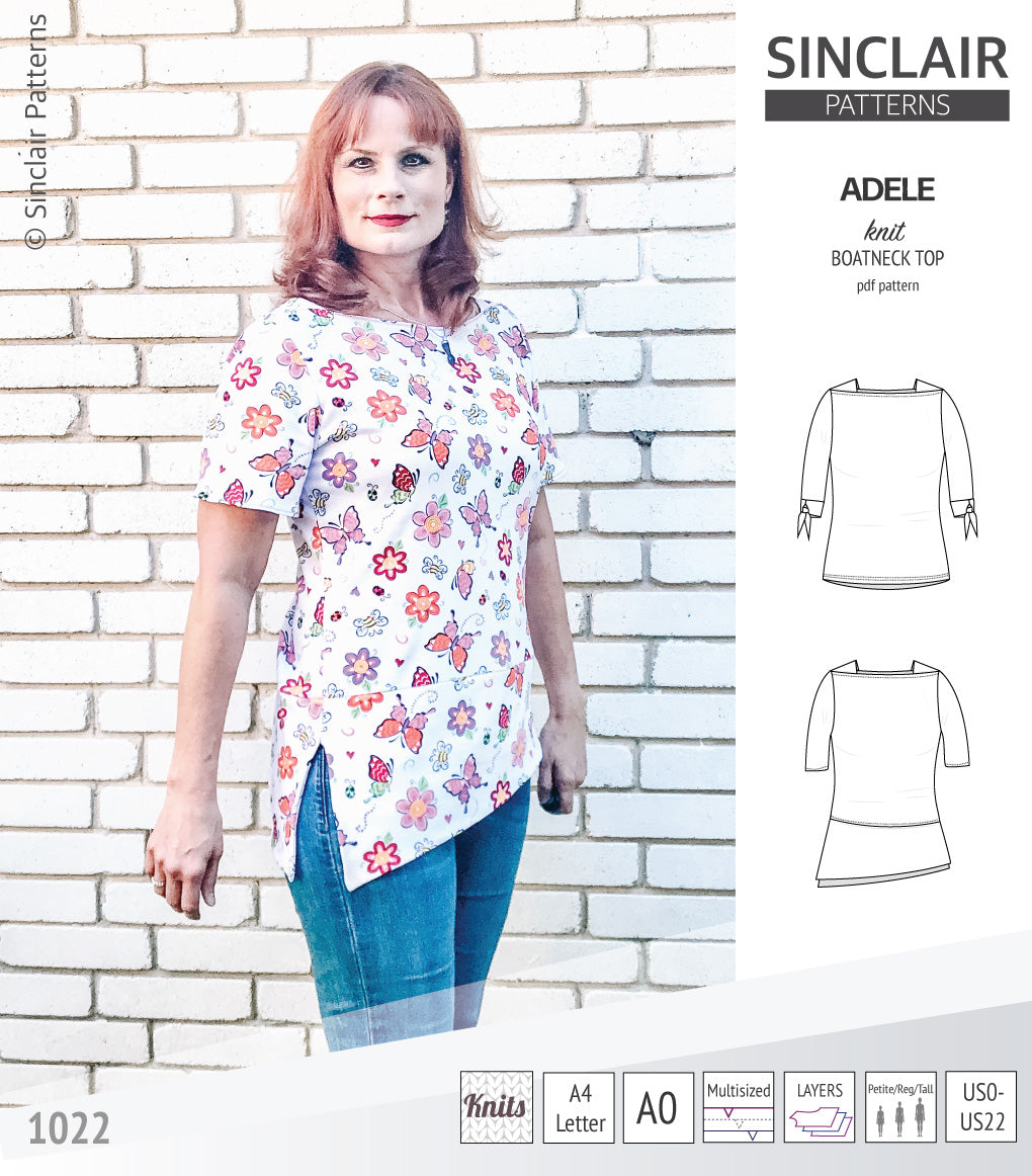 Pdf sewing pattern S1022 Adele knit boatneck top with shoulder inserts and tied sleeves by Sinclair Patterns