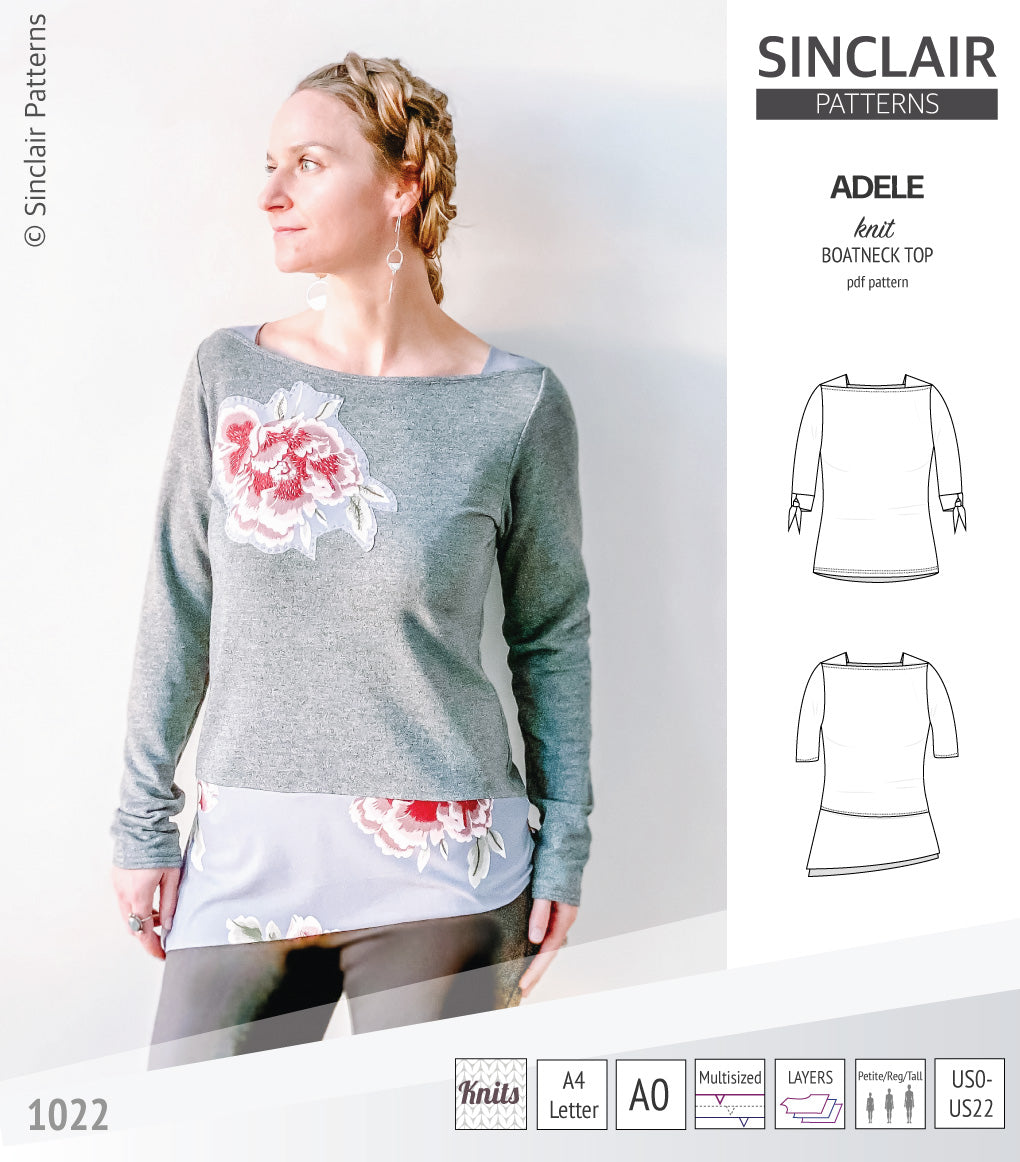 Pdf sewing pattern S1022 Adele knit boatneck top with shoulder inserts and tied sleeves by Sinclair Patterns