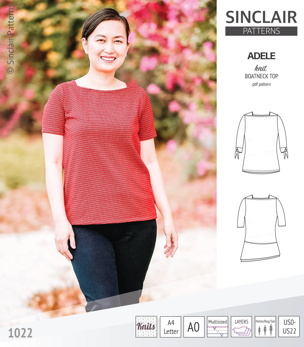 Pdf sewing pattern S1022 Adele knit boatneck top with shoulder inserts and tied sleeves by Sinclair Patterns