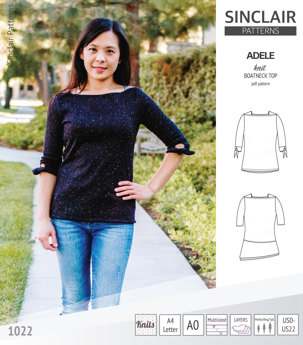 Pdf sewing pattern S1022 Adele knit boatneck top with shoulder inserts and tied sleeves by Sinclair Patterns