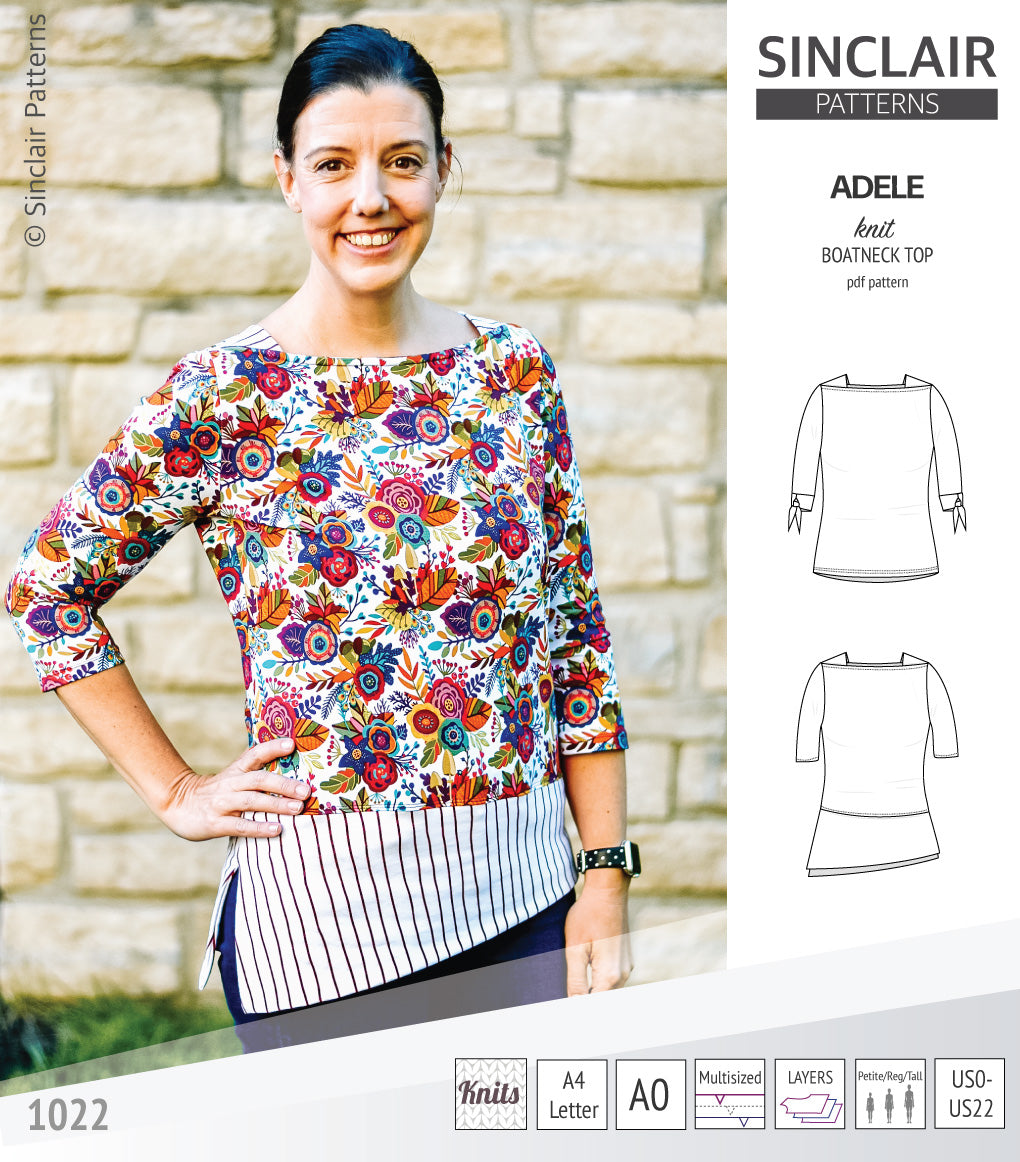 Pdf sewing pattern S1022 Adele knit boatneck top with shoulder inserts and tied sleeves by Sinclair Patterns