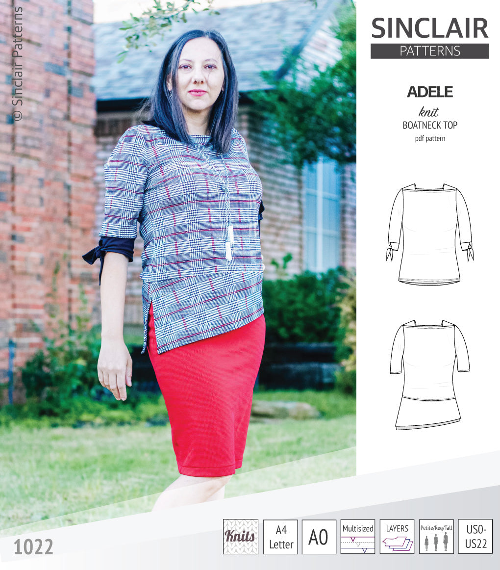 Pdf sewing pattern S1022 Adele knit boatneck top with shoulder inserts and tied sleeves by Sinclair Patterns