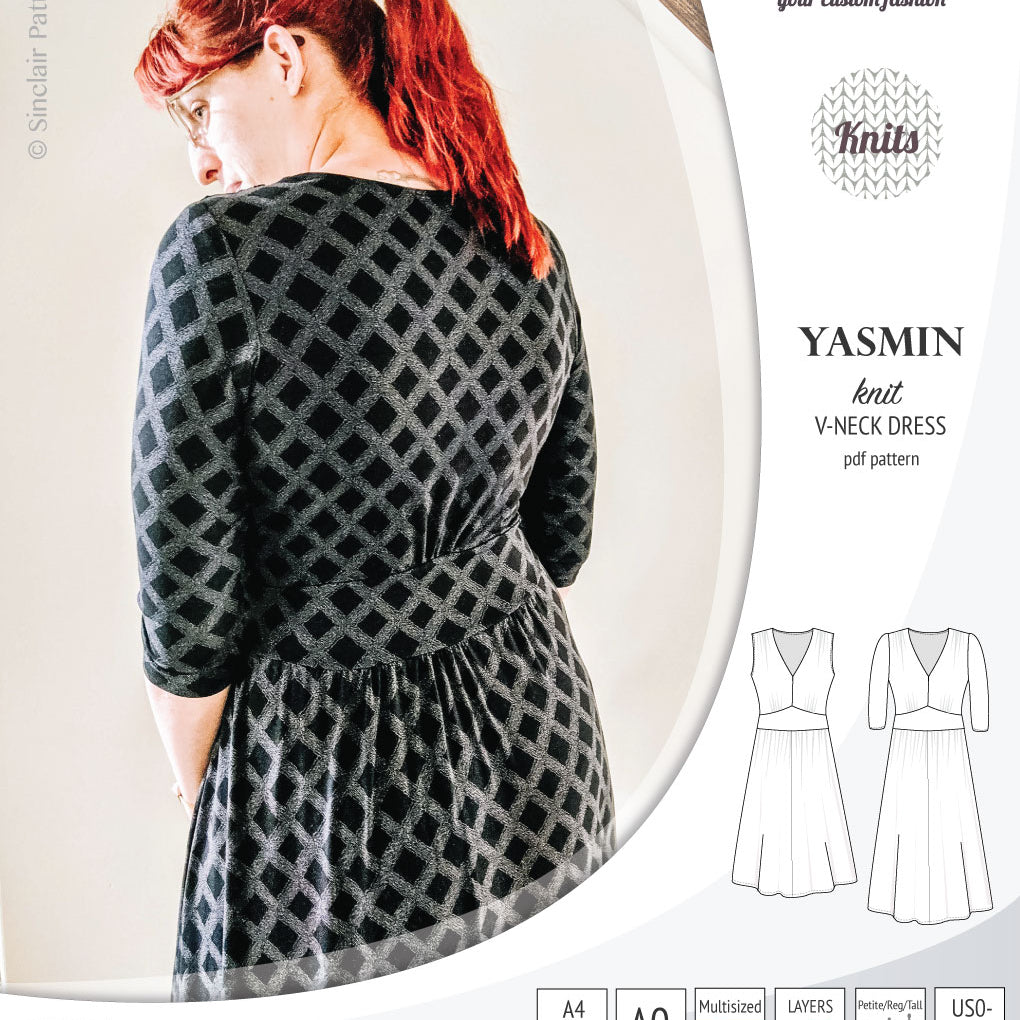 Pdf sewing patterns - S1025 Yasmin knit V neck dress with gathered or flared skirt by Sinclair Patterns 