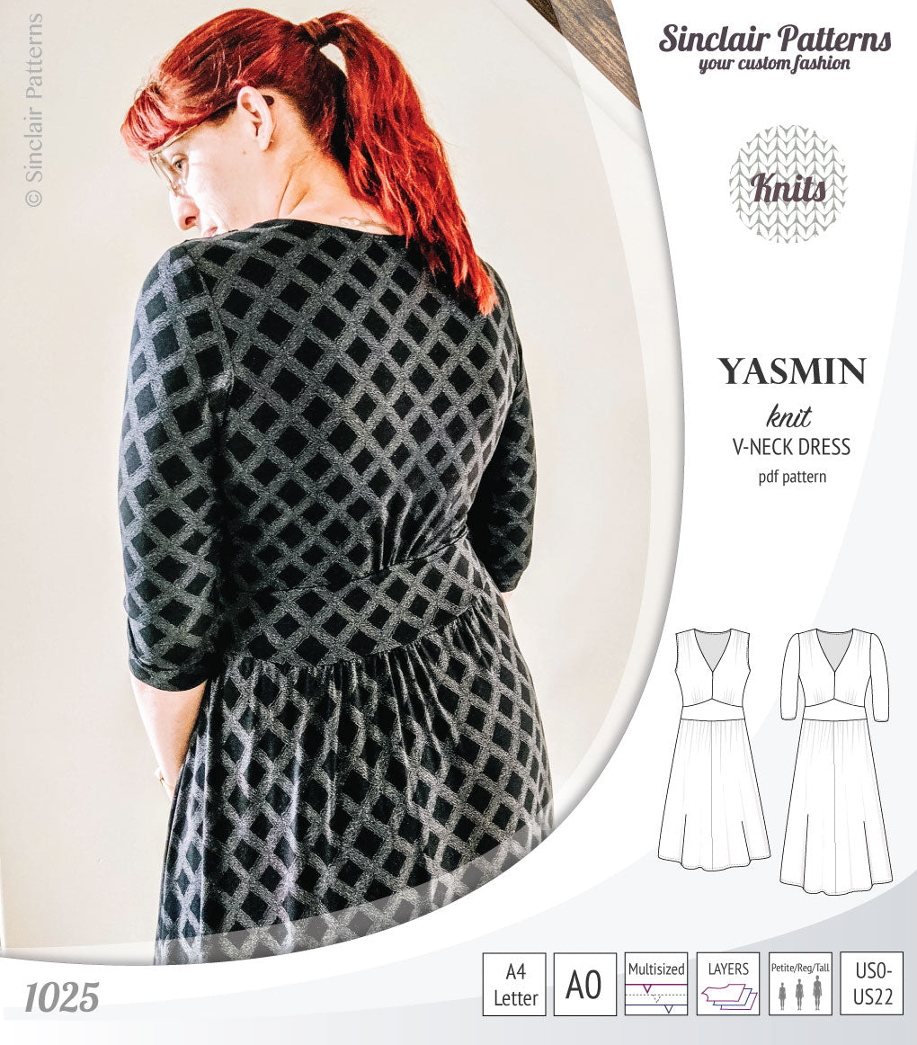 Pdf sewing patterns - S1025 Yasmin knit V neck dress with gathered or flared skirt by Sinclair Patterns 