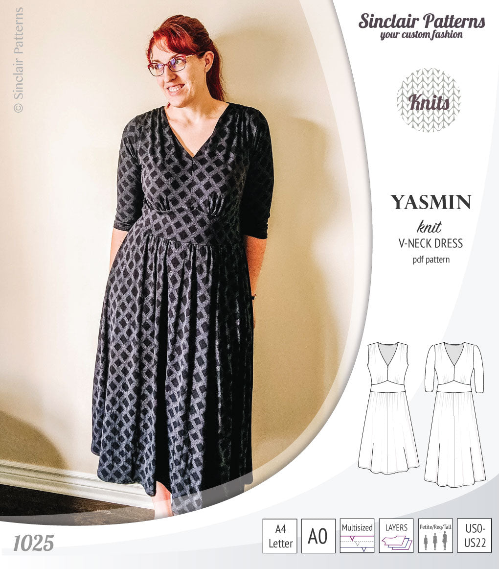 Pdf sewing patterns - S1025 Yasmin knit V neck dress with gathered or flared skirt by Sinclair Patterns 