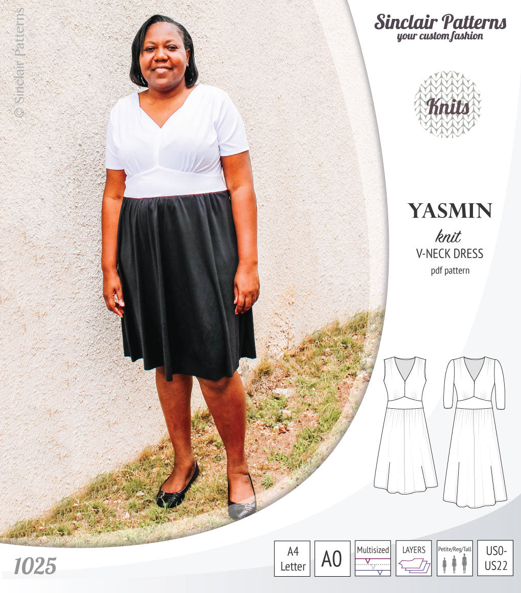 Pdf sewing patterns - S1025 Yasmin knit V neck dress with gathered or flared skirt by Sinclair Patterns 