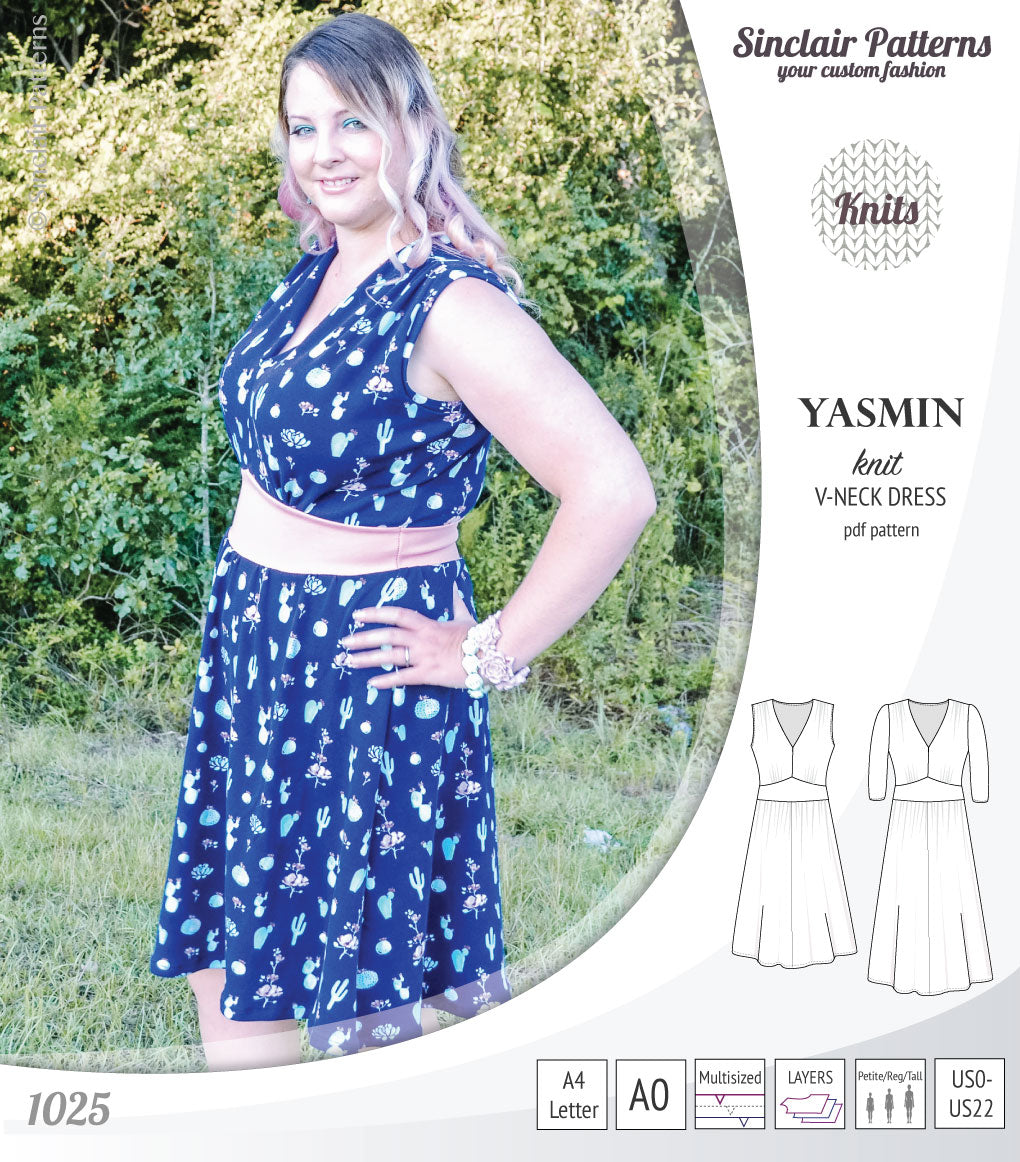 Pdf sewing patterns - S1025 Yasmin knit V neck dress with gathered or flared skirt by Sinclair Patterns 